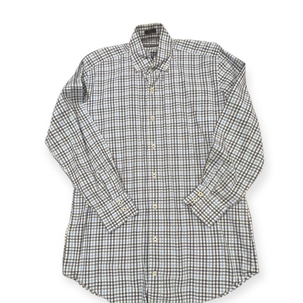 Peter‎ Millar Men's Medium Black Light Blue Plaid Button Down Long Sleeve Shirt - Picture 9 of 10